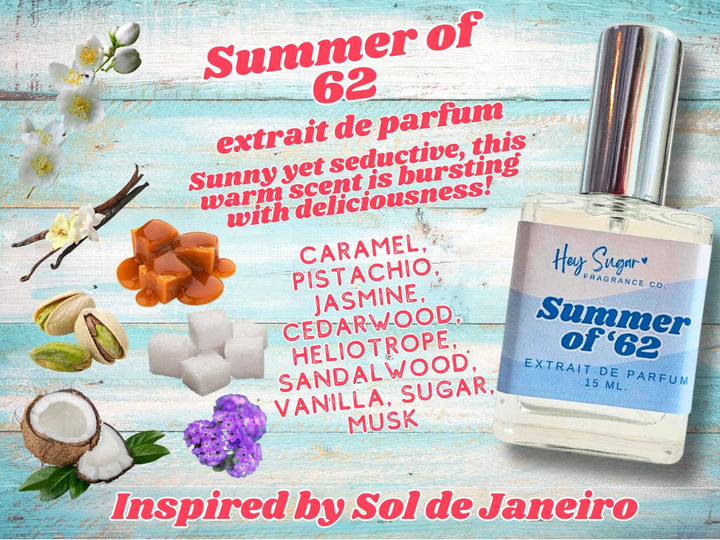 Smell like summer with Summer of ’62—our Bum Bum dupe perfume inspired by Sol de Janeiro’s iconic Cheirosa scent. A creamy blend of pistachio, almond, vanilla, and salted caramel.