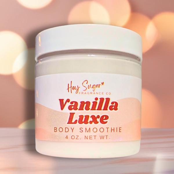 Vanilla Luxe Body Smoothie – a rich, whipped vanilla body butter that deeply nourishes and hydrates. This organic body lotion doubles as a skin moisturizer and body butter scrub. Perfect vegan skincare and spa gift for her! Scented with Escapade Gourmand fragrance, layer with your perfume for beast mode fragrance. Pairs well with our Vanilla Luxe Perfume, which is richly scented comparable to Escapade Gourmand. Luxury vanilla, creme brulee, viral vanilla, rich auntie scent, hey sugar fragrance