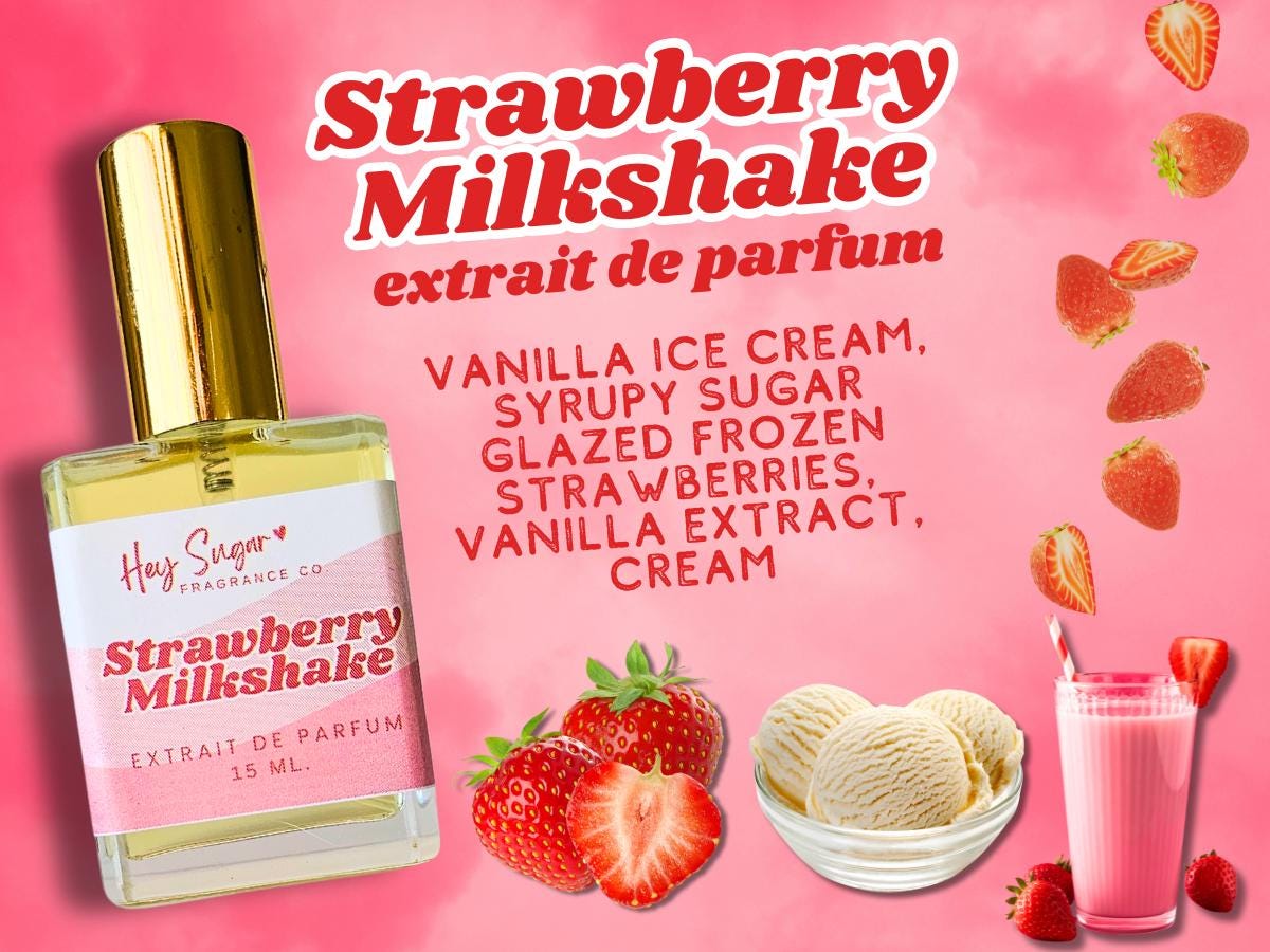 strawberry milk perfume, strawberry milkshake perfume, strawberry fragrance, strawberry vanilla perfume, sugar milk co, sugarmilk co, gourmand perfume, dessert perfume, sweet perfume, gift for her, perfume samples, fragrances, body mist, kayali