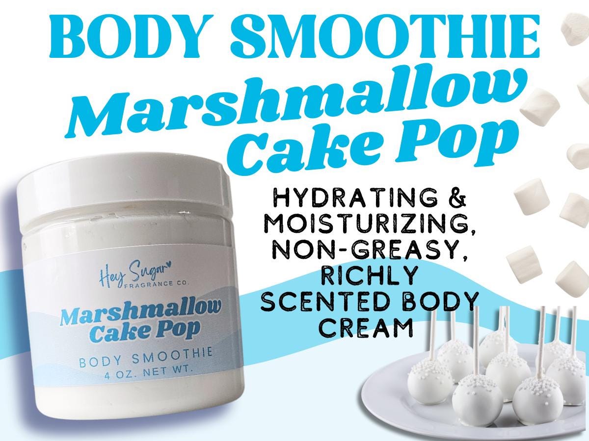Marshmallow Cake Pop Body Smoothie – a rich, whipped vanilla body butter that deeply nourishes and hydrates. This organic body lotion doubles as a skin moisturizer and body butter scrub. Perfect vegan skincare and spa gift for her! Scented with Vanilla Marshmallow Buttercream fragrance, layer with your perfume for beast mode fragrance. Marshmallow Moon Perfume, Body lotion, body cream